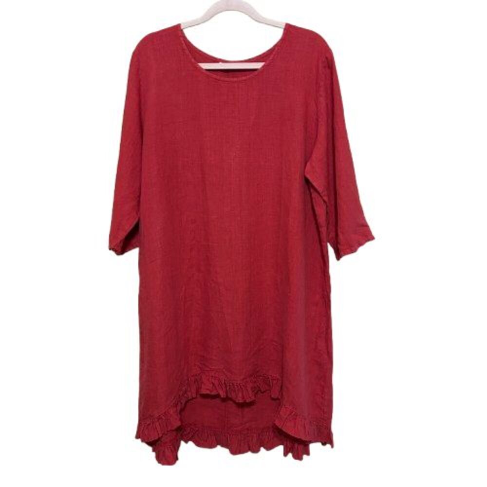 Bryn Walker 100% Linen Dress Womens Medium Red Ruffle High Low Hem Lagenlook